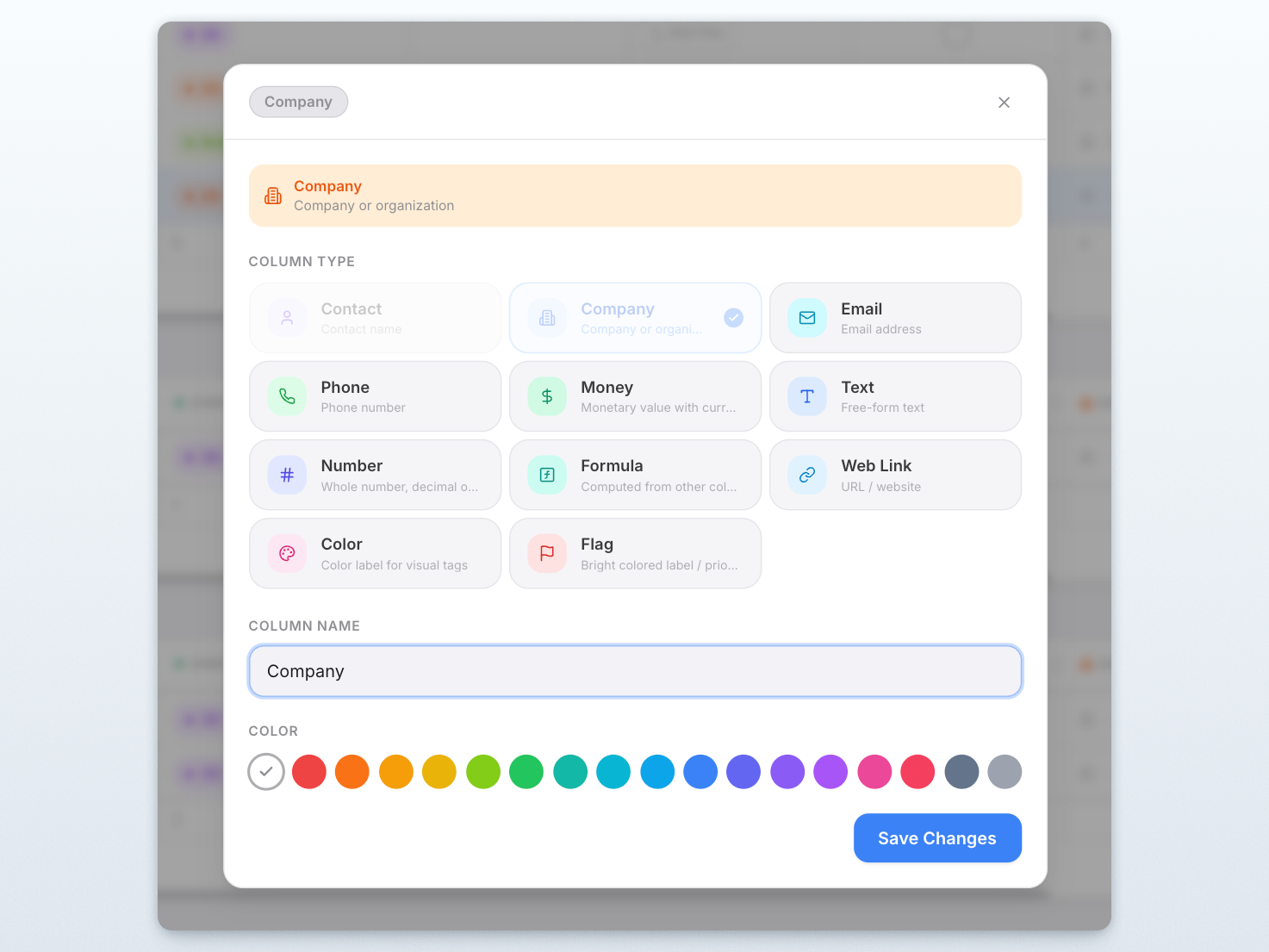 Column editor modal with wider three-column type picker