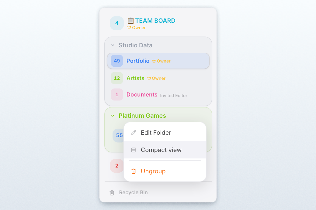 Project sidebar with compact project rows and a folder compact view menu option