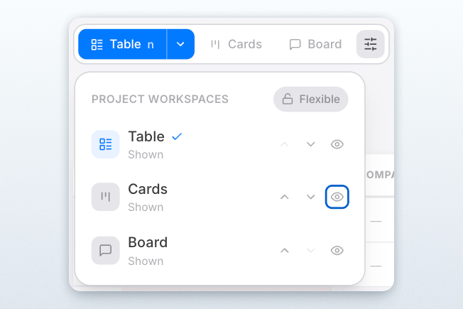 Workspace manager popover showing Table, Cards, and Board visibility controls