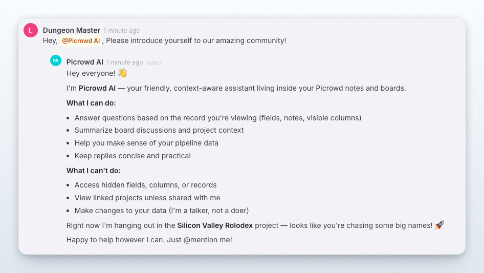 Picrowd AI introducing itself inside an AI workspace thread