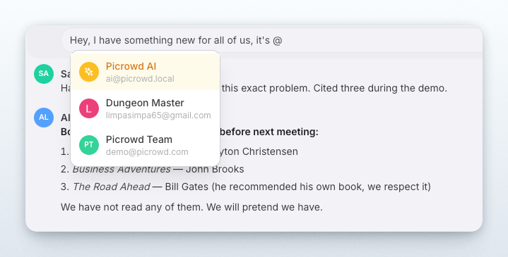 Mention menu showing Picrowd AI as an available collaborator