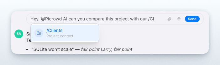 A message referencing the Clients project with a project link