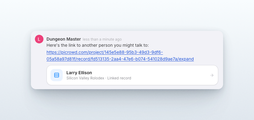 A linked Larry Ellison record card rendered under a message