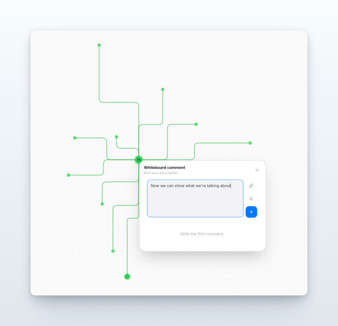 Whiteboard comment pin with green pointer lines and comment modal