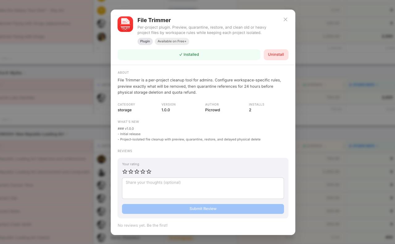File Trimmer plugin settings and cleanup preview in Picrowd