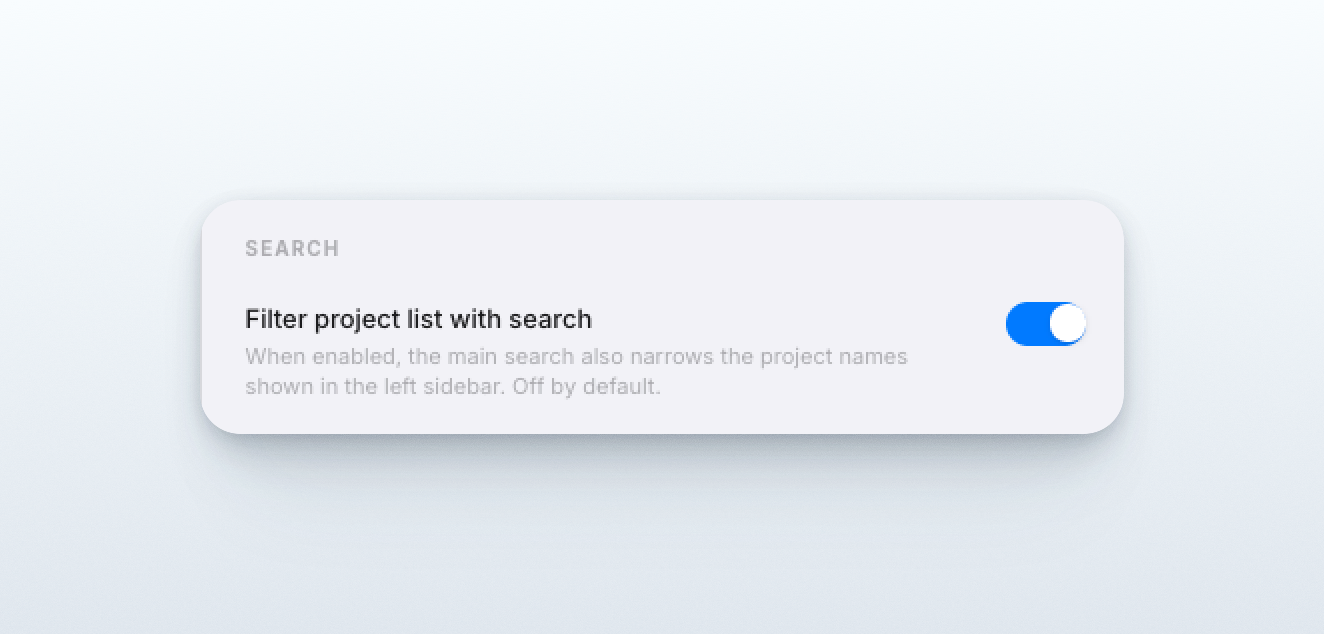 Setting for filtering the left project list with search