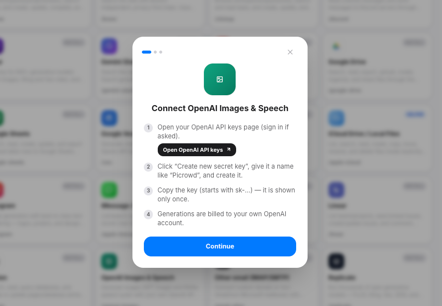 Step-by-step installation wizard for connecting an AI tool in Picrowd