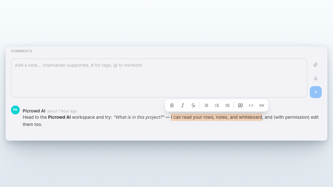 Text selection formatting toolbar in a Picrowd note
