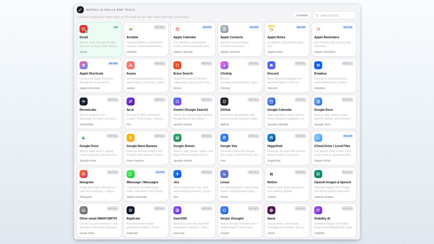 The AI tools bar and install gallery at the bottom of a workspace