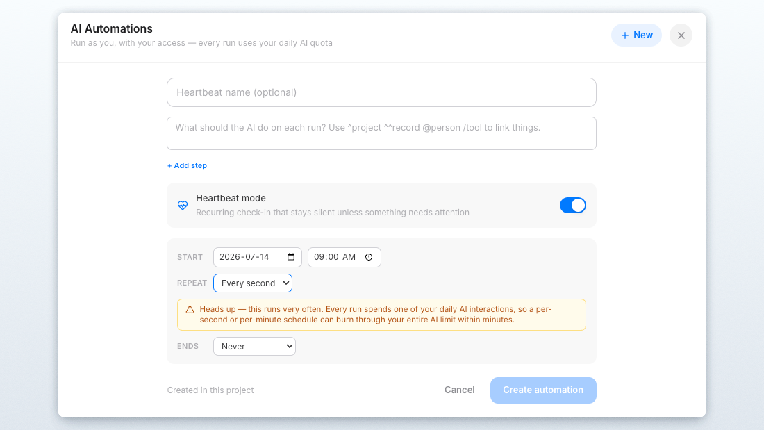 Scheduling an automation to run every second, with a usage warning