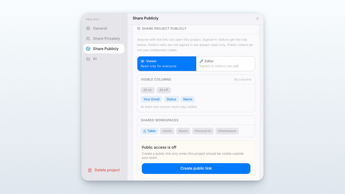 Public project sharing settings with viewer and editor access controls