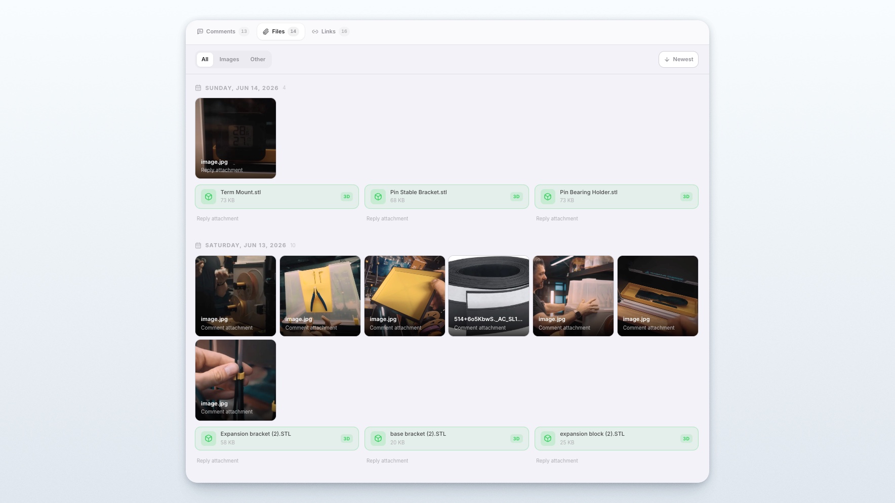 The Files tab gathering images and 3D file cards by date