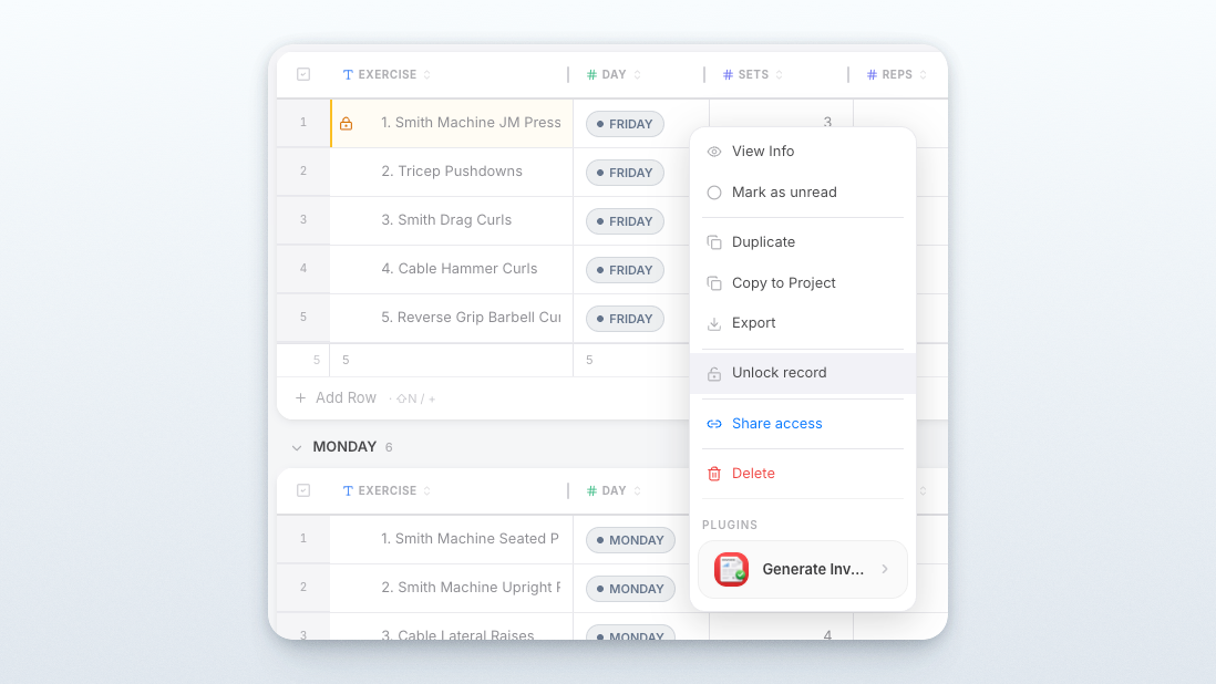 A locked record with the Unlock record action in its menu