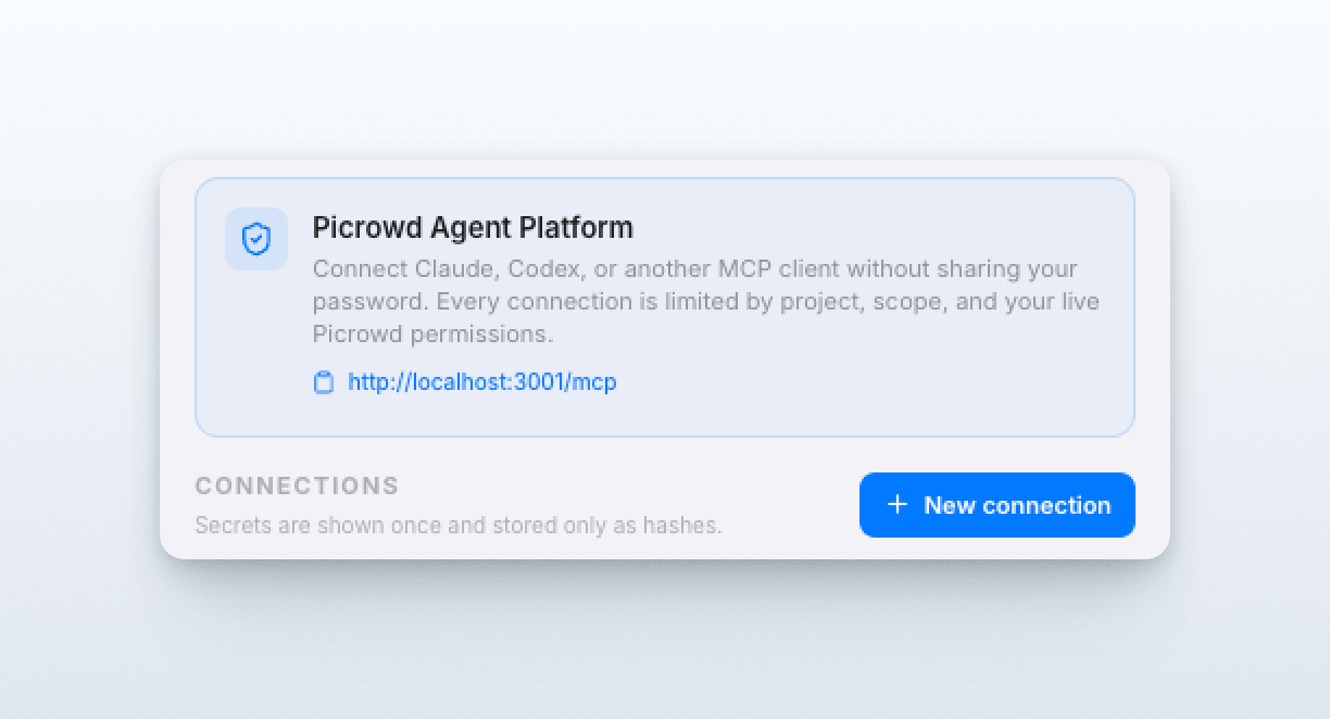 Picrowd Agent Platform settings with the MCP endpoint and New connection button
