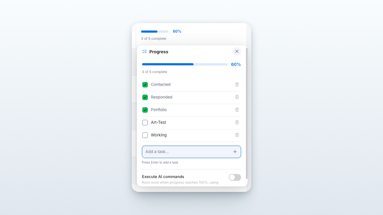 Progress checklist showing three of five tasks complete at 60%, an Add a task field, and the optional Execute AI commands toggle