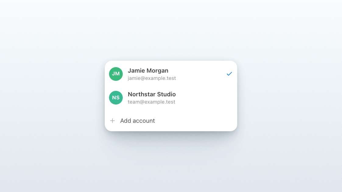 Picrowd account menu with Jamie Morgan selected, Northstar Studio as a second account, and an Add account option