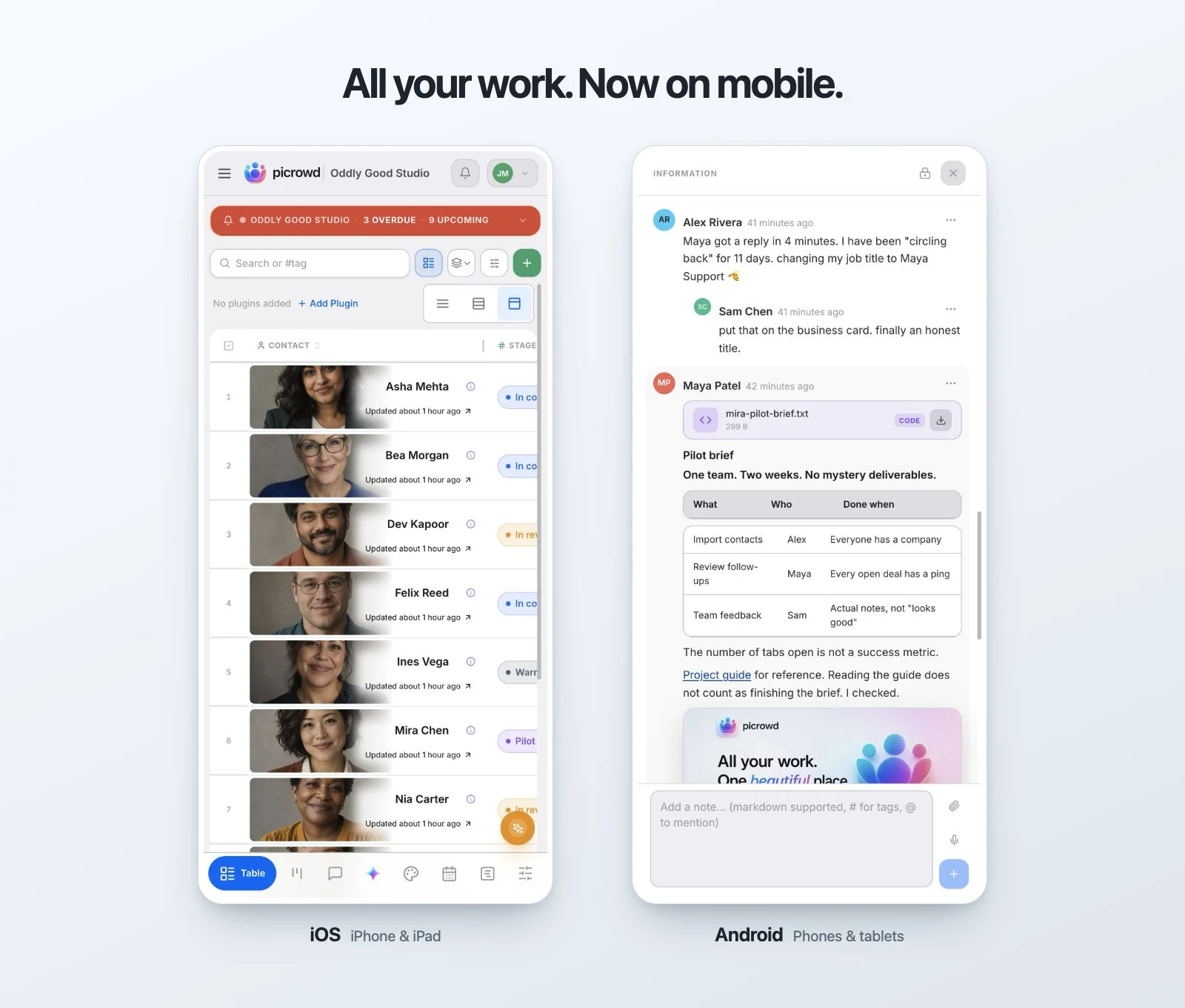 Picrowd mobile apps for iOS and Android showing a project table and a shared record with team messages, files, and a formatted brief.